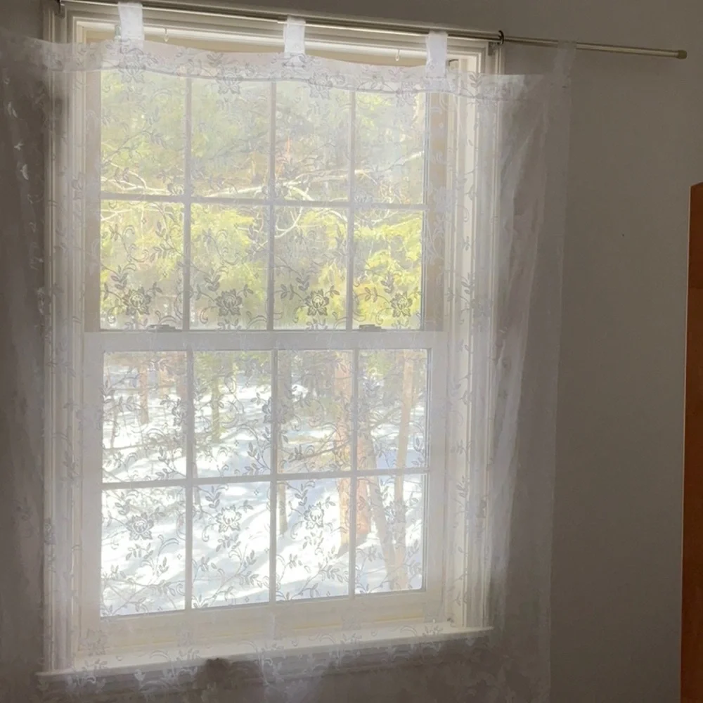 Elegant White Lace Curtain Panels Floral, Scalloped Bottom - 74” x 56” -Set of 3